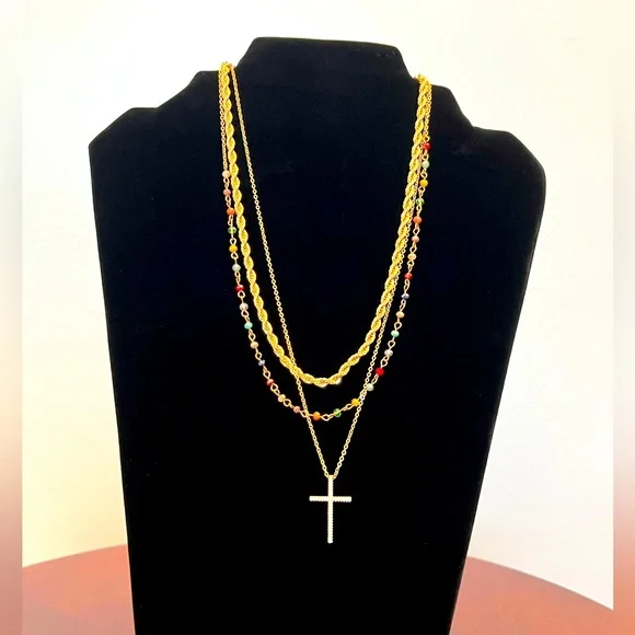 SALE‼️Triple chain- Rope chain, colorful beads and studded cross - Picture 1 of 3
